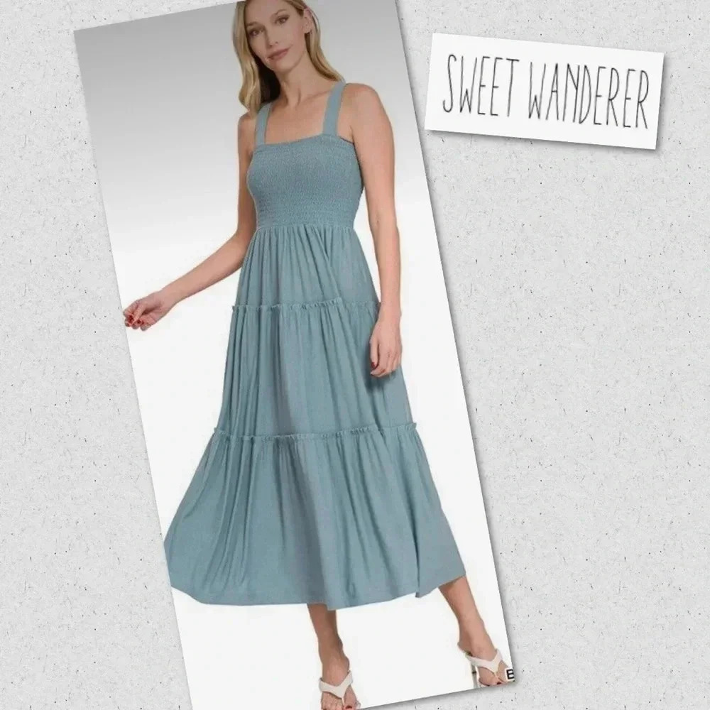 Sweet Wanderer Smocked Tiered/Ruffled/Adj. Strap/Midi Dress